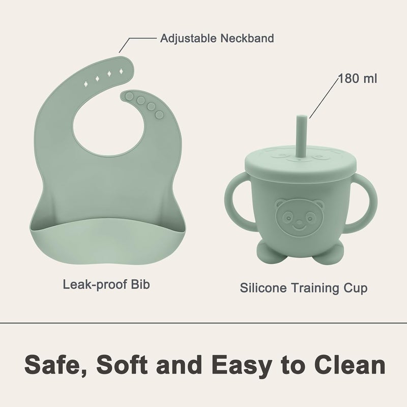 Munlinder Silicone Baby Feeding Set | Baby Led Weaning Supplies Includes Suction Bowls and Divided Plates, Adjustable Bib, Baby Utensils Spoons and Forks,Cup | Baby Feeding Essentials (Light Green) - Image 5